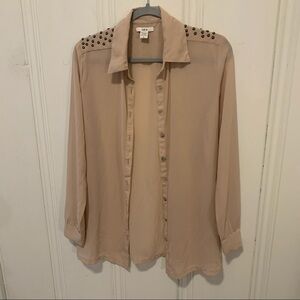 Bar III Tan Studded Long Sleeve Button Down Blouse